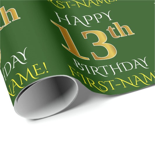 Groen, Faux Gold "HAPPY 13th BIRTHDAY" Cadeaupapier (Rol Hoek)