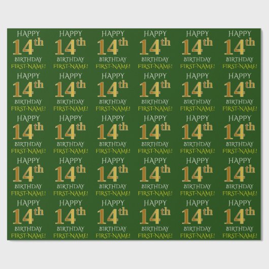 Groen Faux Gold "HAPPY 14th BIRTHDAY" Cadeaupapier (Vlak)