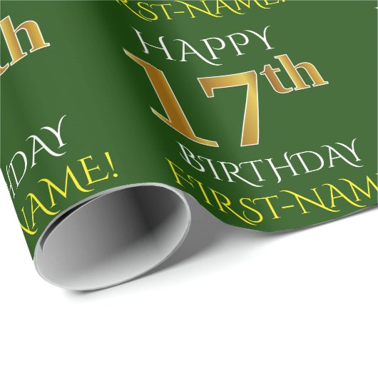 Groen Faux Gold "HAPPY 17th BIRTHDAY" Cadeaupapier (Rol Hoek)