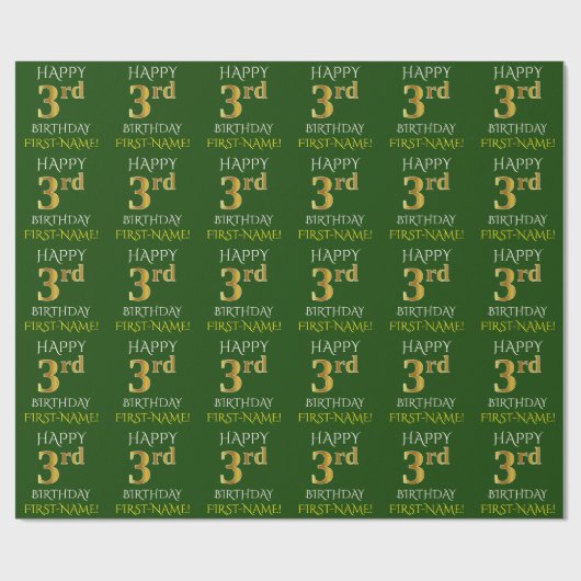 Groen, Faux Gold "HAPPY 3rd BIRTHDAY" Cadeaupapier (Vlak)