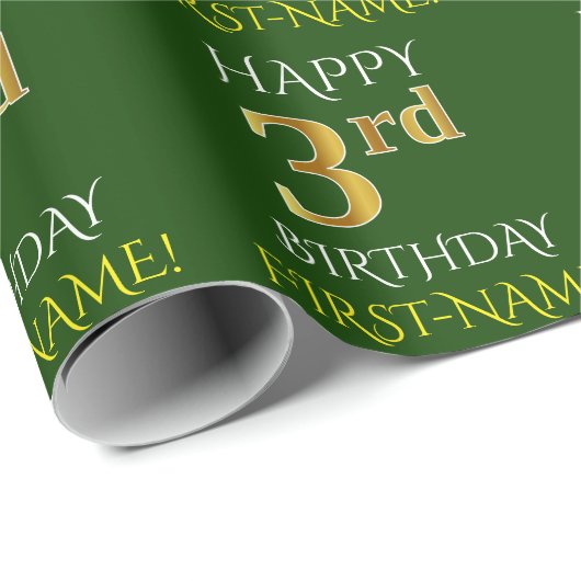 Groen, Faux Gold "HAPPY 3rd BIRTHDAY" Cadeaupapier (Rol Hoek)