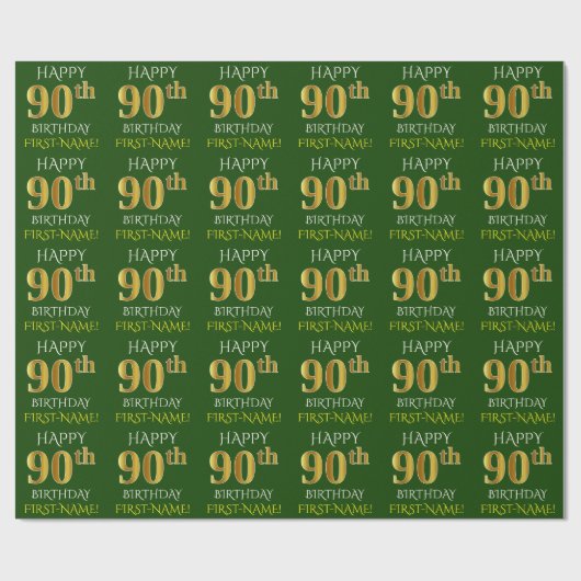 Groen, Faux Gold "HAPPY 90th BIRTHDAY" Cadeaupapier (Vlak)