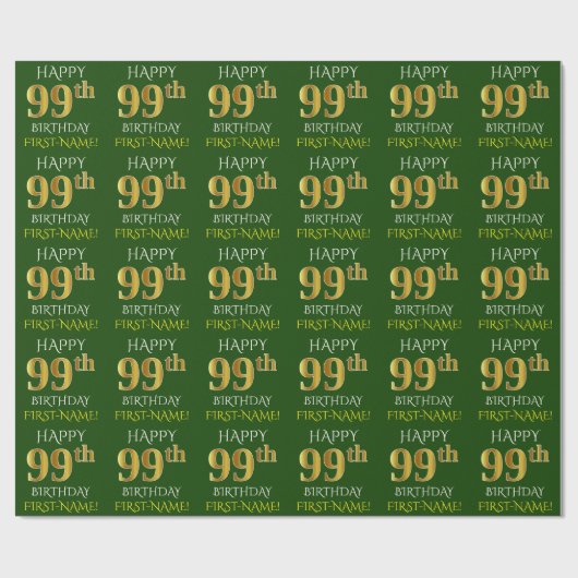 Groen, Faux Gold "HAPPY 99th BIRTHDAY" Cadeaupapier (Vlak)
