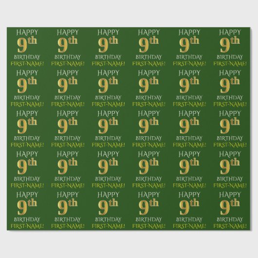 Groen Faux Gold "HAPPY 9th BIRTHDAY" Cadeaupapier (Vlak)