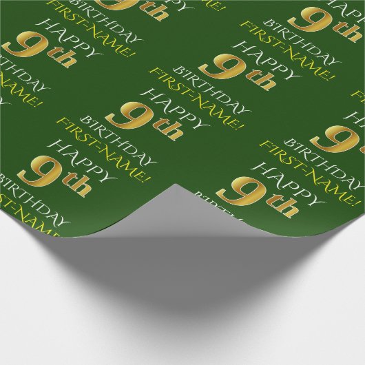 Groen Faux Gold "HAPPY 9th BIRTHDAY" Cadeaupapier (Hoek)