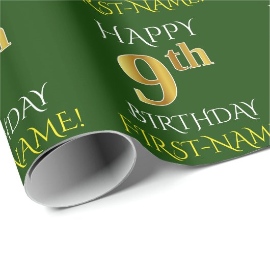 Groen Faux Gold "HAPPY 9th BIRTHDAY" Cadeaupapier (Rol Hoek)