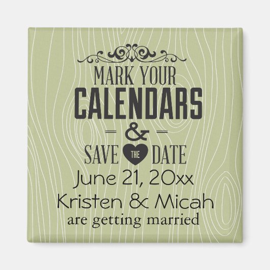 Groen Faux Hout Sla de datum op Magneet (Voorkant)