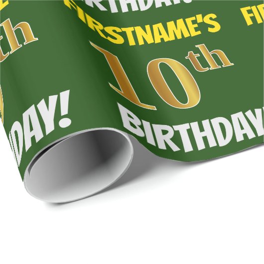 Groen, Faux/Imitatie Goud, "10th BIRTHDAY" Cadeaupapier (Rol Hoek)
