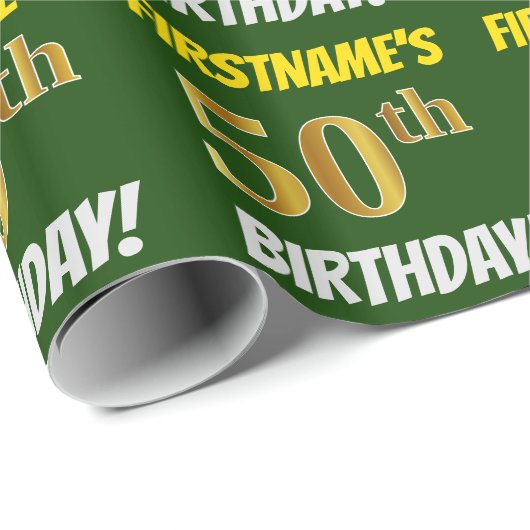 Groen, Faux/Imitatie Goud, "50ste VERJAARDAG" Cadeaupapier (Rol Hoek)