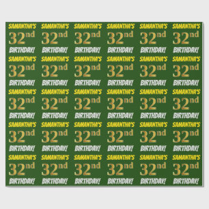 Groen, Faux/Imitation Gold, "32nd BIRTHDAY" Cadeaupapier