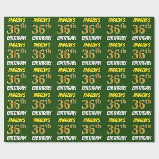 Groen, Faux/Imitation Gold, "36th BIRTHDAY" Cadeaupapier (Vlak)