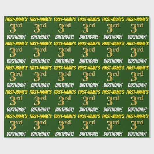 Groen, Faux/Imitation Gold, "3e BIRTHDAY" Cadeaupapier (Vlak)