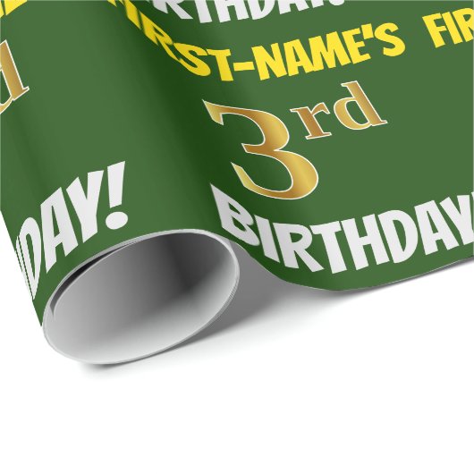 Groen, Faux/Imitation Gold, "3e BIRTHDAY" Cadeaupapier (Rol Hoek)