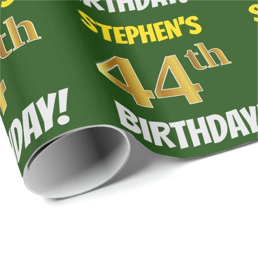Groen, Faux/Imitation Gold, "44th BIRTHDAY" Cadeaupapier (Rol Hoek)