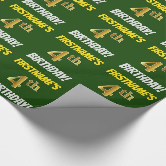 Groen, Faux/Imitation Gold, "4th BIRTHDAY" Cadeaupapier (Hoek)