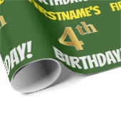Groen, Faux/Imitation Gold, "4th BIRTHDAY" Cadeaupapier (Rol Hoek)