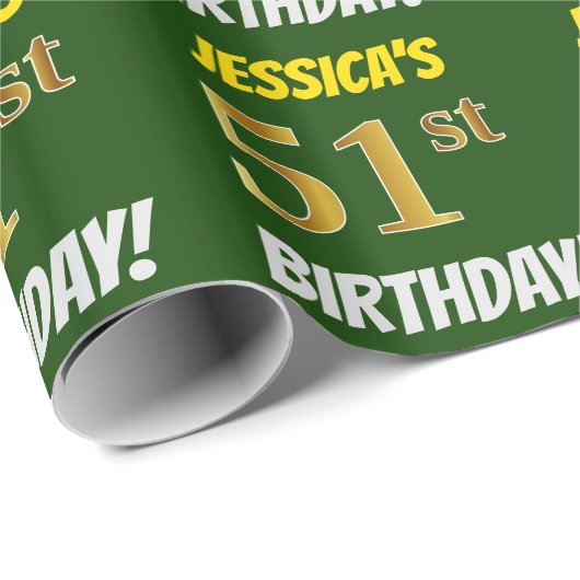 Groen, Faux/Imitation Gold, "51st BIRTHDAY" Cadeaupapier (Rol Hoek)