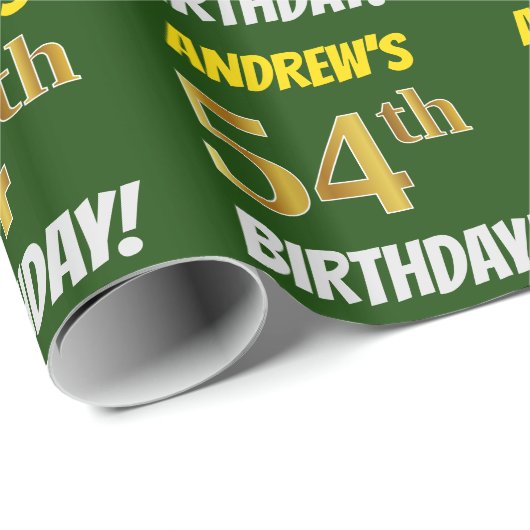 Groen, Faux/Imitation Gold, "54th BIRTHDAY" Cadeaupapier (Rol Hoek)