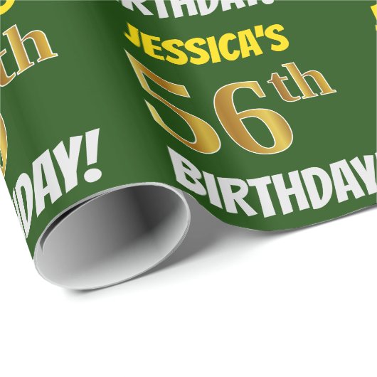 Groen, Faux/Imitation Gold, "56th BIRTHDAY" Cadeaupapier (Rol Hoek)