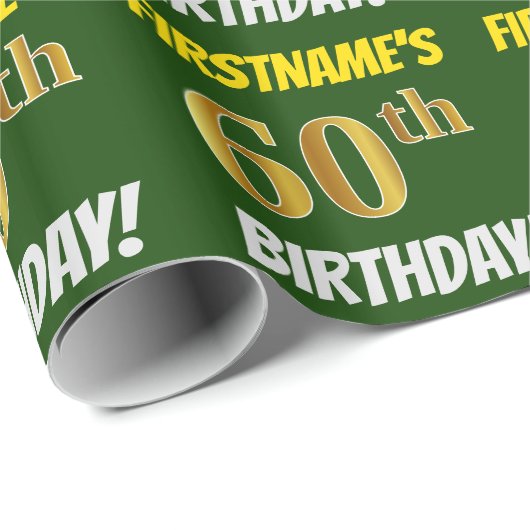 Groen, Faux/Imitation Gold, "60th BIRTHDAY" Cadeaupapier (Rol Hoek)
