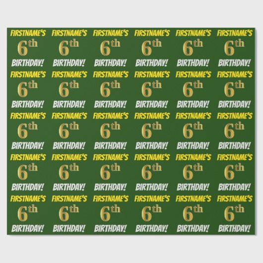 Groen, Faux/Imitation Gold, "6th BIRTHDAY" Cadeaupapier (Vlak)