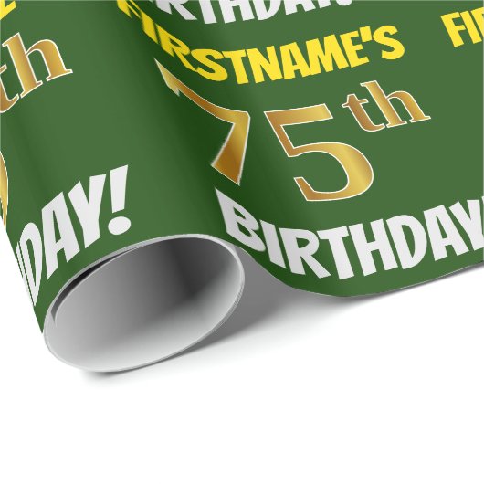 Groen, Faux/Imitation Gold, 75th BIRTHDAY Cadeaupapier (Rol Hoek)