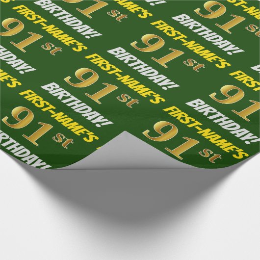 Groen, Faux/Imitation Gold, "91st BIRTHDAY" Cadeaupapier (Hoek)