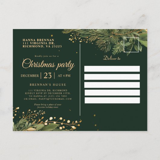 Groen Feestelijk Botanisch Elegant Kerstfeest Uitnodiging Briefkaart (Achterkant)