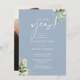 Groen Floral Dusty Blue Photo Engagement Party Kaart