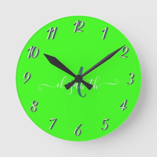Groen fluorescerend neonmonogram ronde klok (Voorkant)