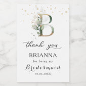 Groen Foliage Bruidsmeisje brief B Dank u Voedselcontainer Etiket (Enkel label)