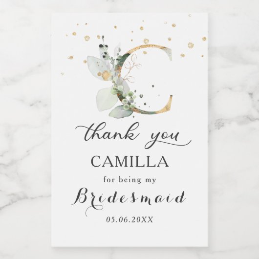 Groen Foliage Bruidsmeisje letter C Dank u Wijn Etiket (Enkel label)