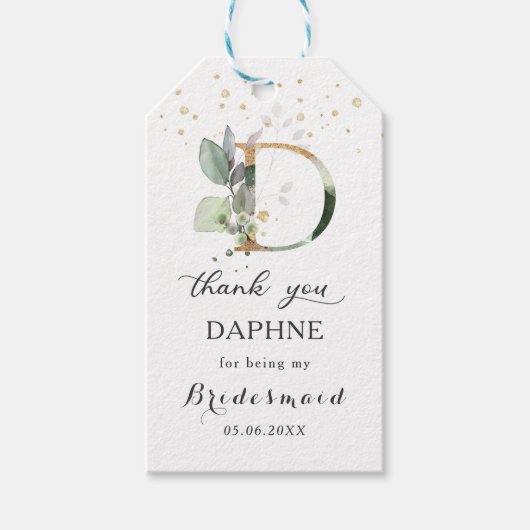Groen Foliage Bruidsmeisje letter D Dank u Cadeaulabel (Voorkant)
