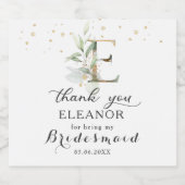 Groen Foliage Bruidsmeisje letter E Dank u Sparkling Wijnetiket (Enkel label)