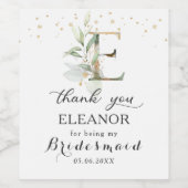 Groen Foliage Bruidsmeisje letter E Dank u Wijn Etiket (Enkel label)