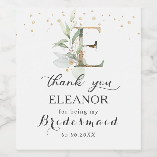 Groen Foliage Bruidsmeisje letter E Dank u Wijn Etiket (Enkel label)