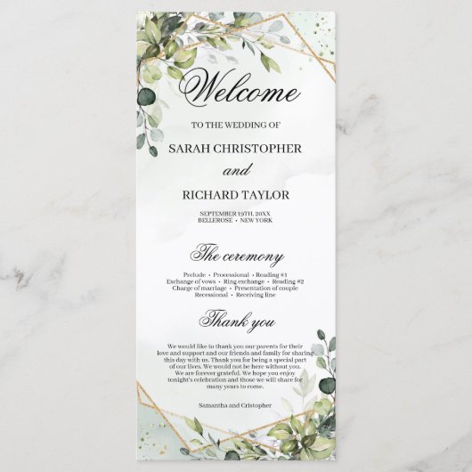 Groen Foliage Faux Gold Geometrische boho bruiloft Programmakaart (Voorkant)