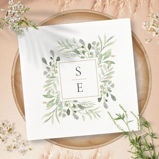 Groen Foliage Goud Monogram Bruiloft Servetten