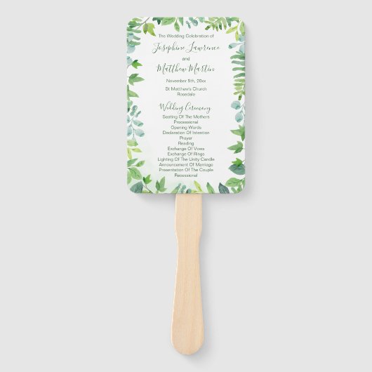 Groen Foliage Waterverf Trouwprogramma's Handwaaier (Voorkant)