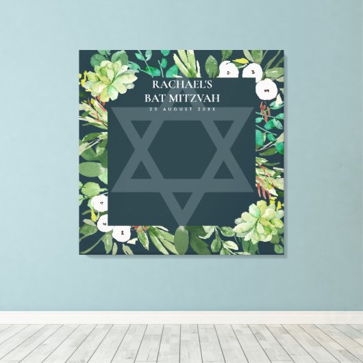 GROEN FOLIAGE WREATH STAR BAR BAT MITZVAH SIGN IN CANVAS AFDRUK (Insitu (Houten vloer))