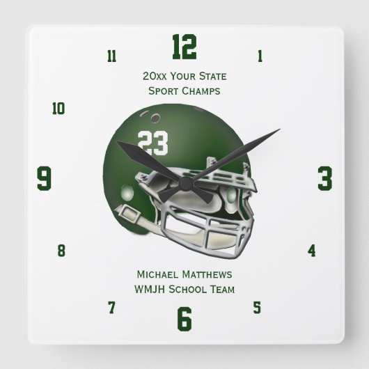Groen Football Helmet Name and School Clock Vierkante Klok (Voorkant)