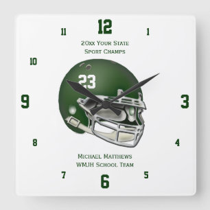 Groen Football Helmet Name and School Clock Vierkante Klok