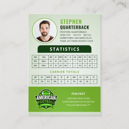 Groen Football Trading Kaart, aangepaste sport Kaa Contactkaartje (Achterkant)