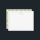 Groen formeel klassiek familiemonogram kariert notitiekaartje<br><div class="desc">Krijg een professionele uitstraling met onze formele en elegante gepersonaliseerde briefpapier plat kaarten met uw monogram en uw naam eronder in Sans Serif-lettertype,  gecombineerd met elegant open gezicht-lettertype,  op de achterkant van de kaart een boerderij geïnspireerde chic geruite achtergrond in groen en wit. Kleuren zijn volledig aanpasbaar</div>