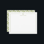 Groen formeel klassiek familiewapen plaid notitiekaartje<br><div class="desc">Krijg een professionele uitstraling met onze formele en elegante,  gepersonaliseerde briefpapierkaart met uw monogram en uw naam eronder in Sans Serif-lettertype,  gecombineerd met elegant open gezicht-lettertype,  op de achterkant van de kaart een boerderij geïnspireerde chic geruite achtergrond in groen en wit. Kleuren zijn volledig aanpasbaar</div>