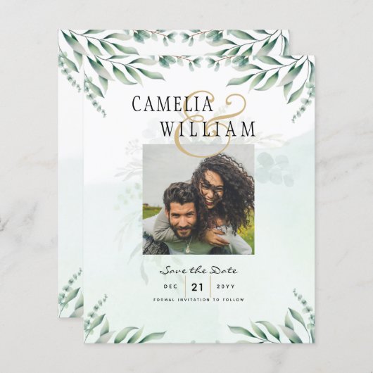 Groen FOTO SAVE THE DATES Eucalyptus BUDGET (Voorkant / Achterkant)