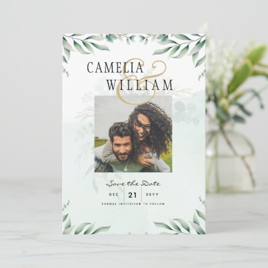 Groen FOTO SAVE THE DATES Eucalyptus BUDGET Kaart (Staand voorkant)