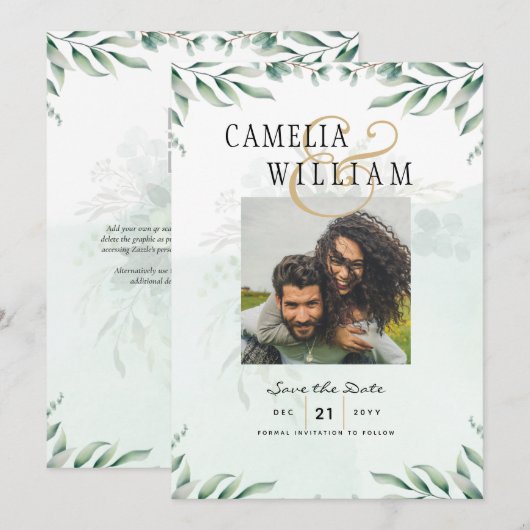 Groen FOTO SAVE THE DATES Eucalyptus BUDGET Kaart (Voorkant / Achterkant)