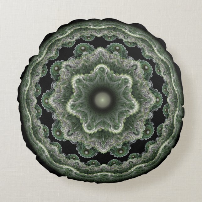 Groen  fractaal rond ornament kussen (Voorkant)