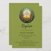 Groen Fractal Cross Baptism Uitnodiging (Voorkant / Achterkant)